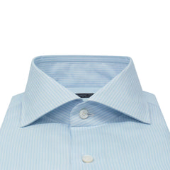 Classic Napoli French collar shirt in striped light blue cotton twill