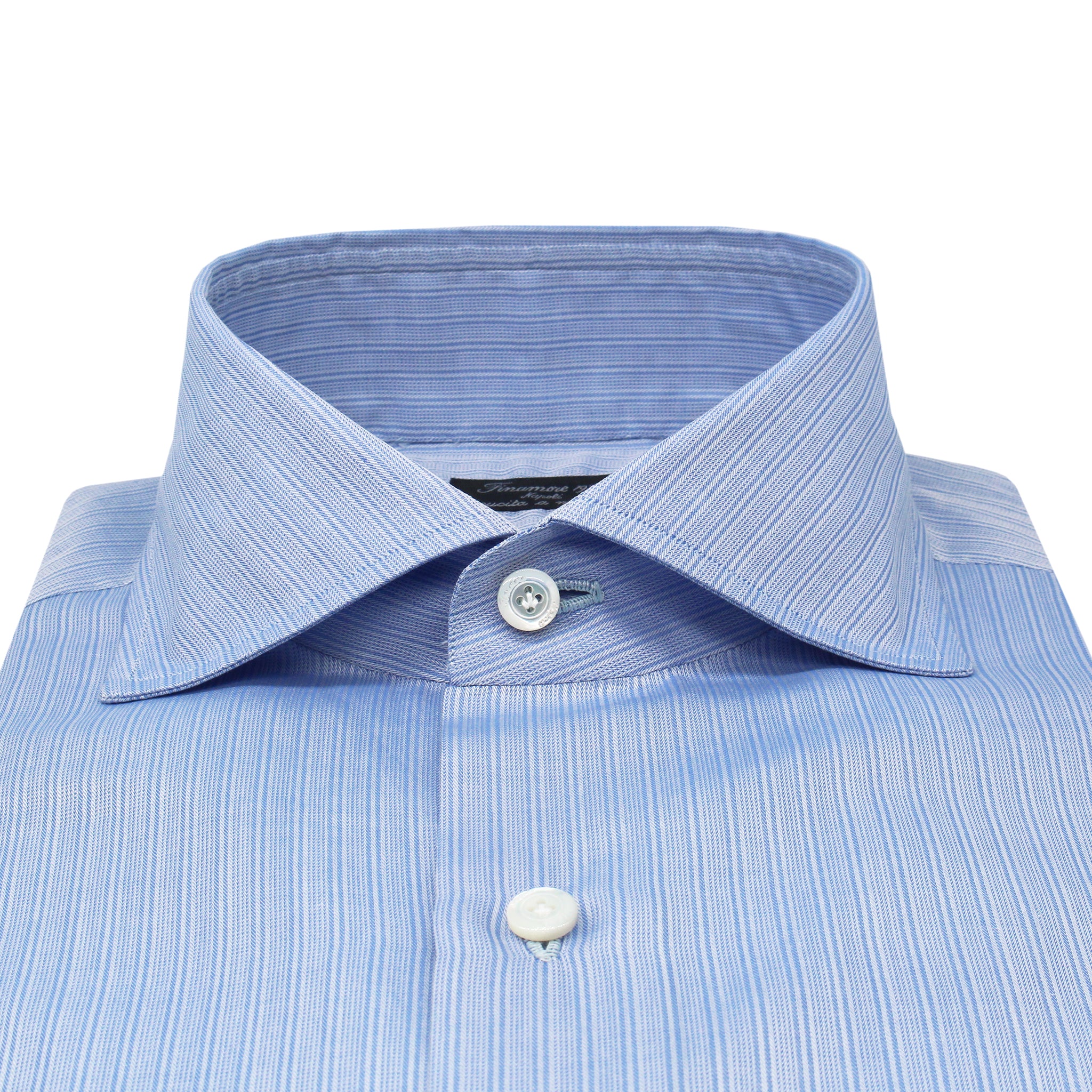Camicia classica regular Napoli in cotone a righe azzurre. Tessuto Carlo Riva