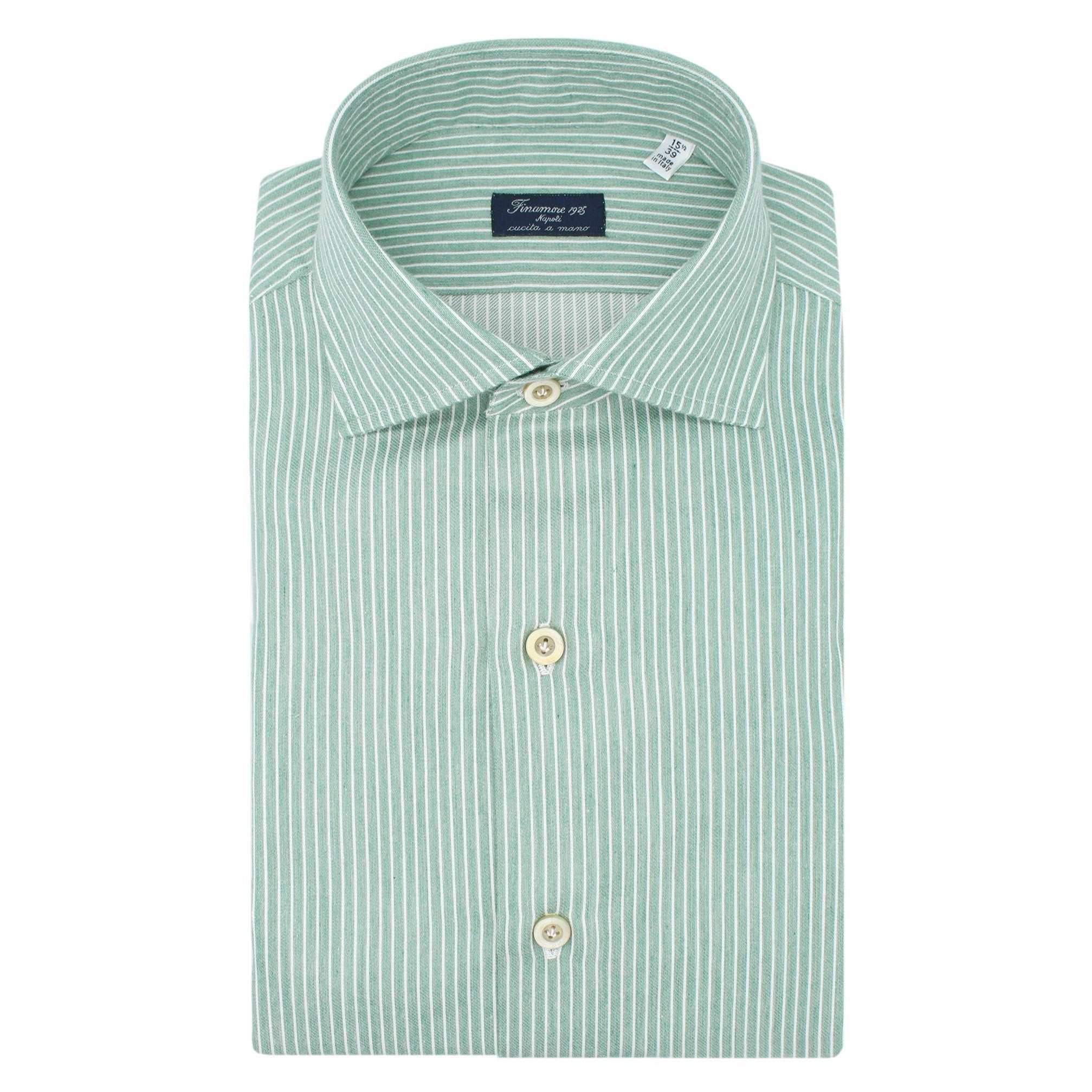 Classic Napoli shirt in green striped white cotton and cashmere. Carlo Riva