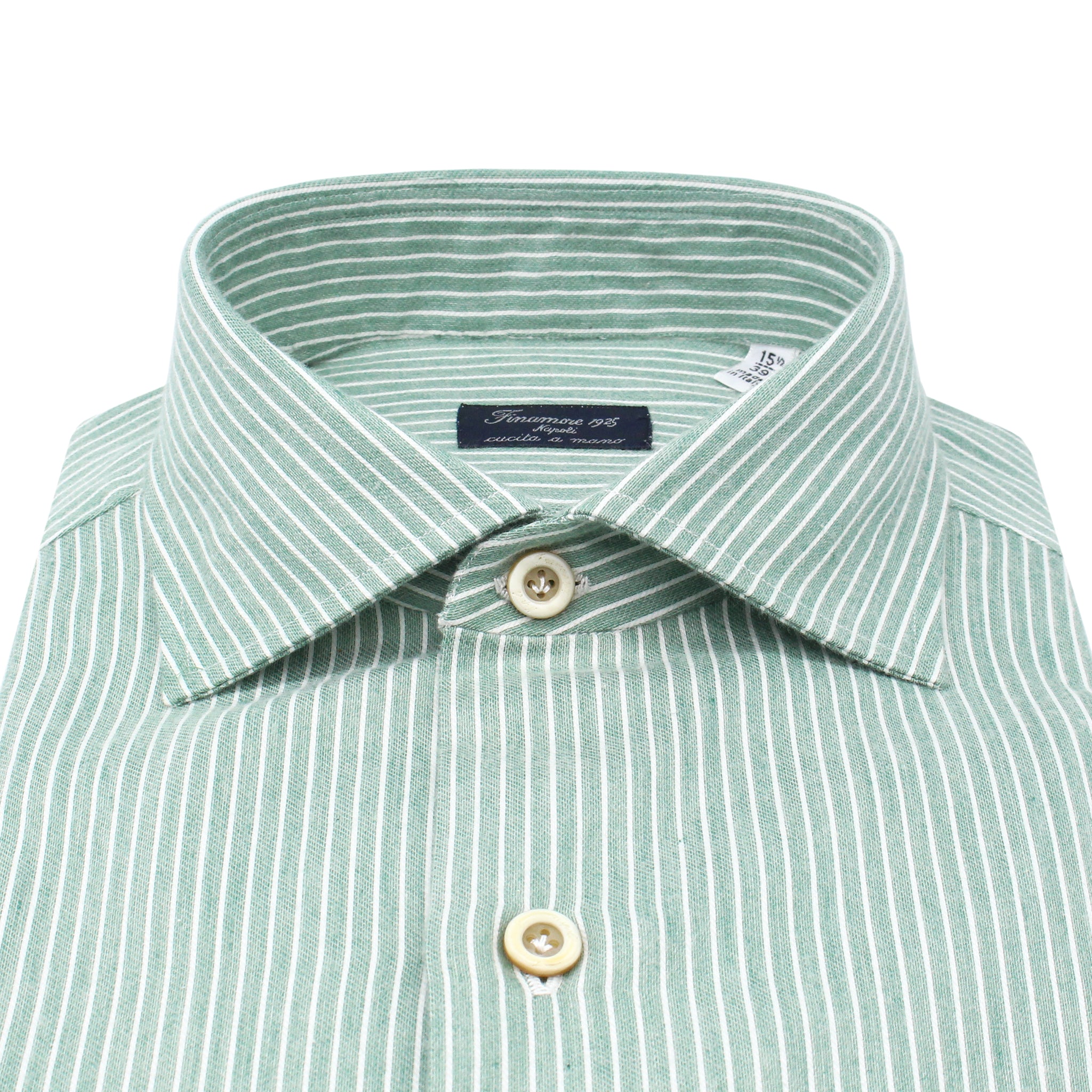 Classic Napoli shirt in green striped white cotton and cashmere. Carlo Riva