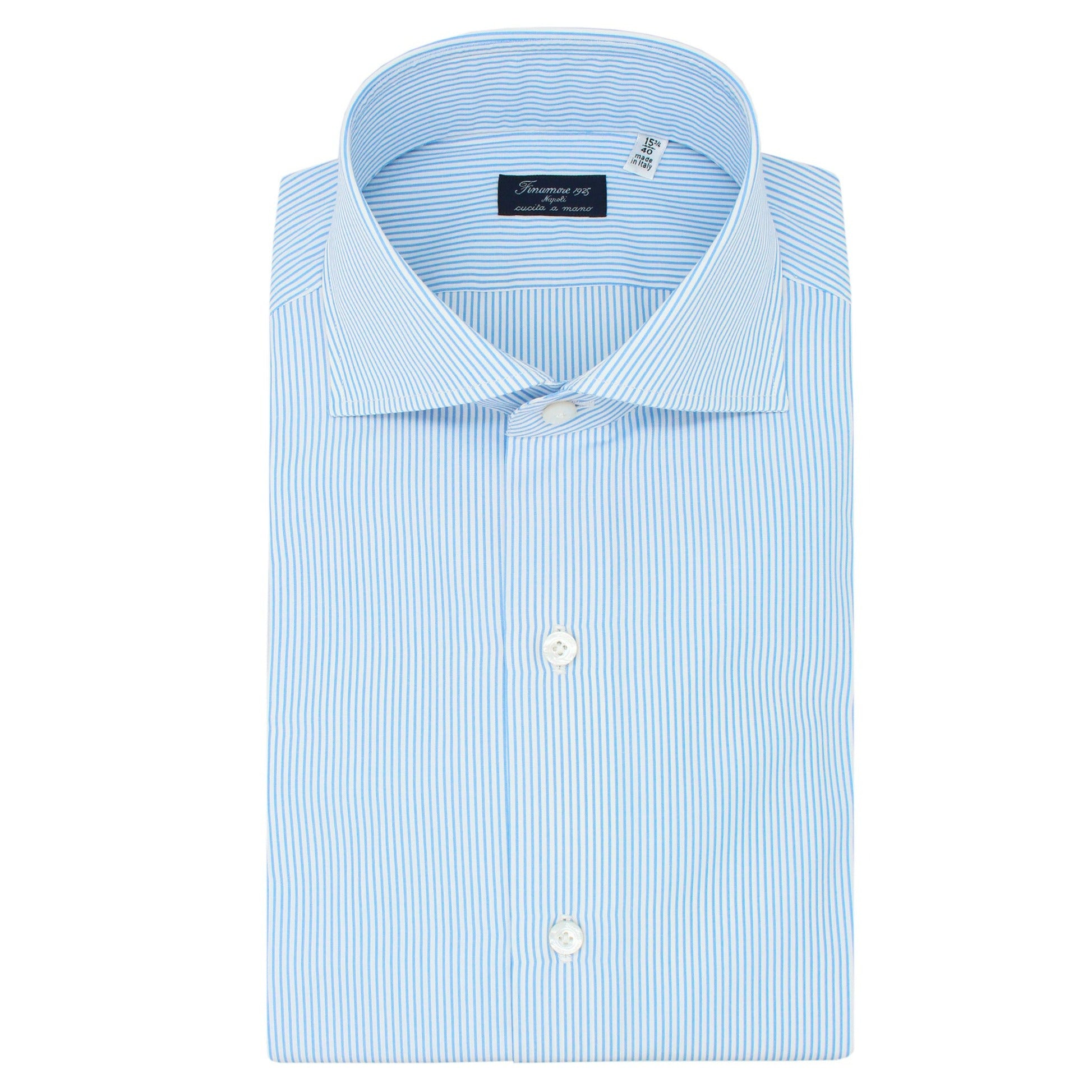 Classic regular Naples shirt in light blue striped cotton. Without Arriccio