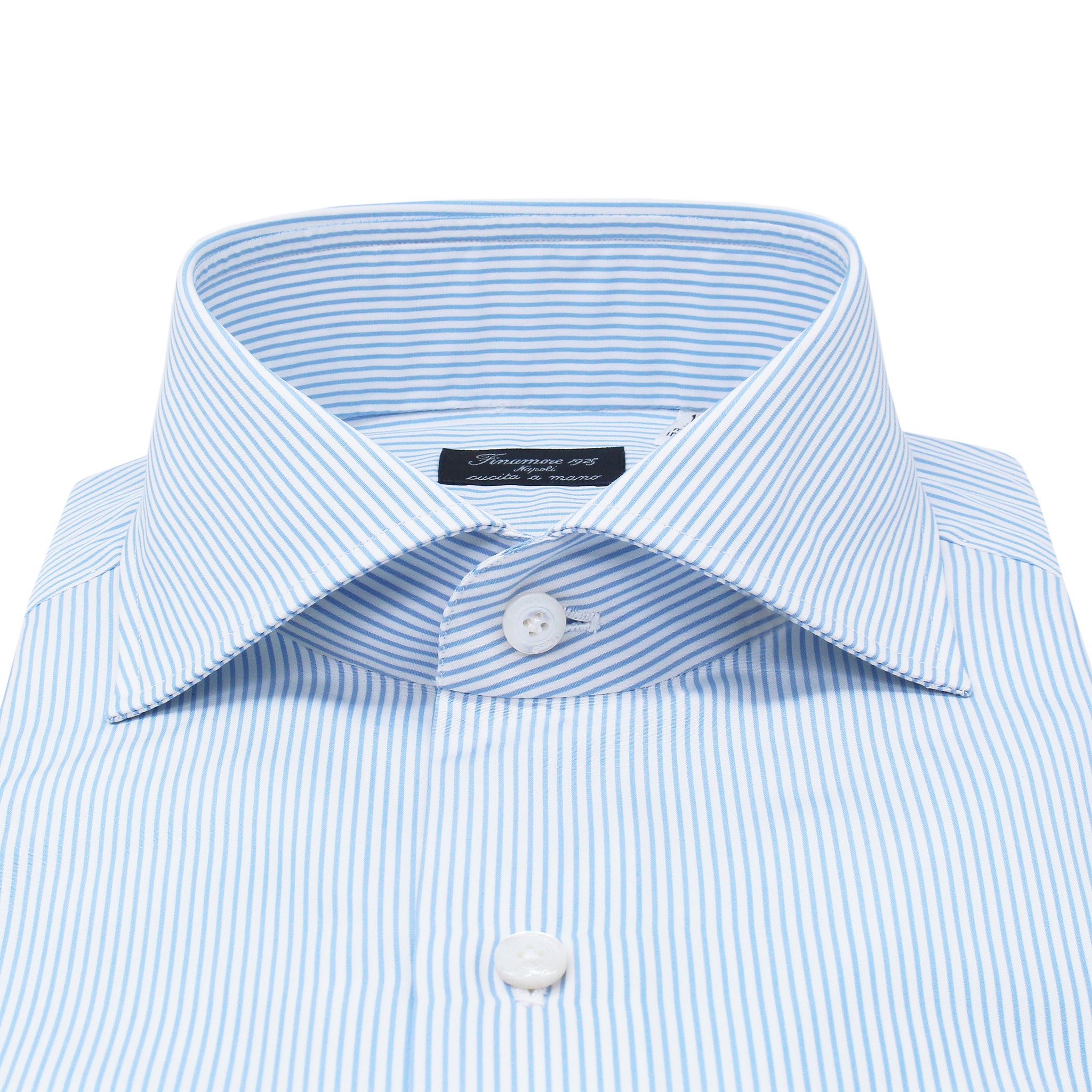 Classic regular Naples shirt in light blue striped cotton. Without Arriccio