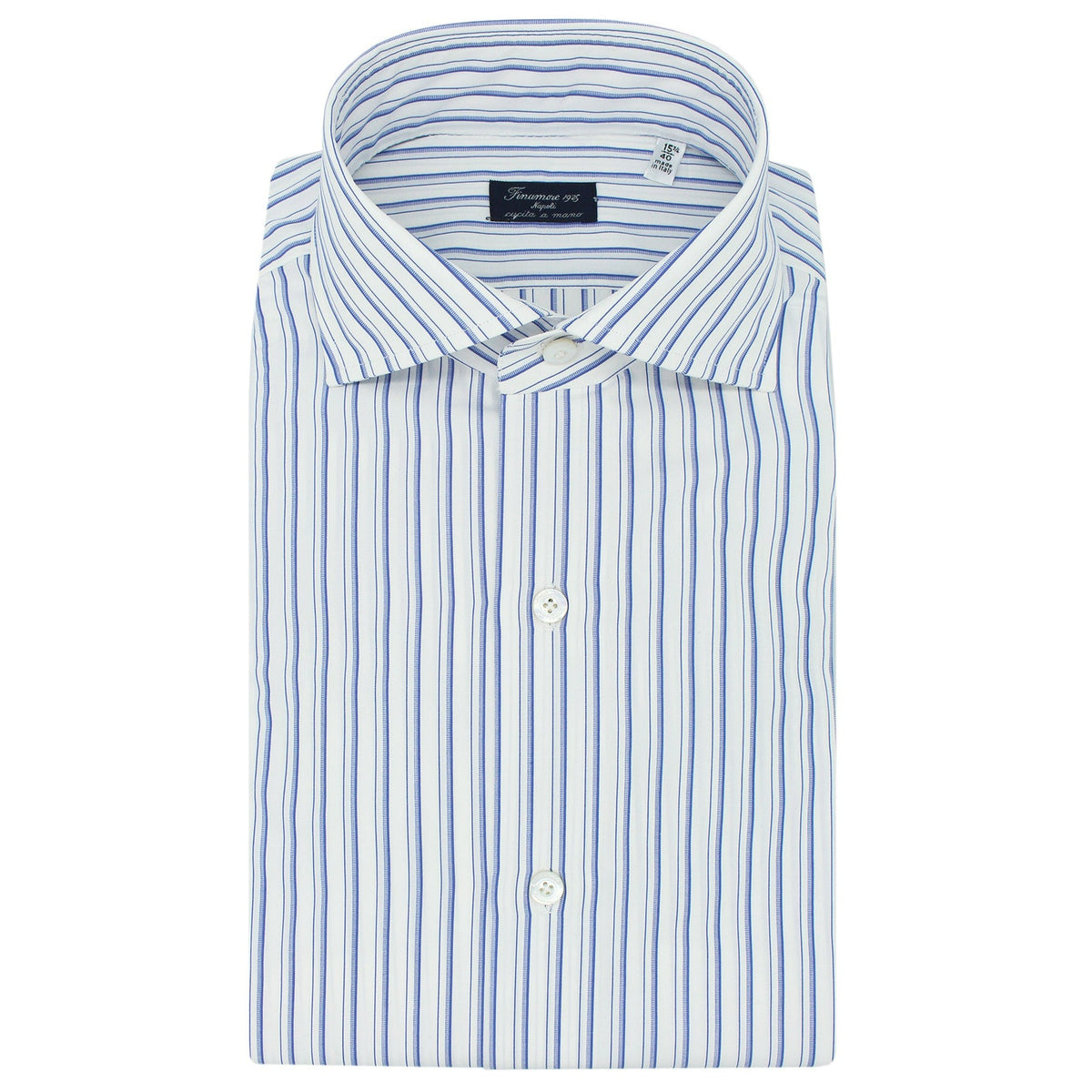 Classic Napoli shirt in light blue striped cotton, no "arriccio" at the shoulder