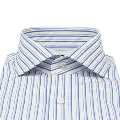 Classic Napoli shirt in light blue striped cotton, no "arriccio" at the shoulder