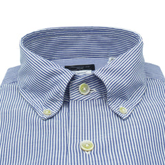 Camicia Napoli Classica in cotone e lino a righe blu. Trattamento enzimatico 