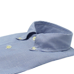 Camicia Napoli Classica in cotone e lino a righe blu. Trattamento enzimatico 
