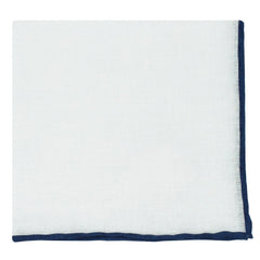 Linen pocket square with white background and blu border