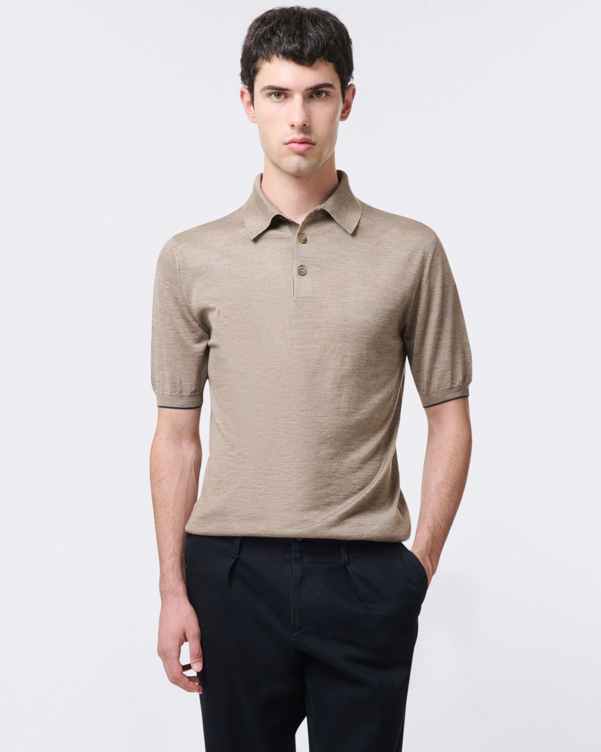 Polo shirt with 3 buttons and short sleeves in cashmere and silk