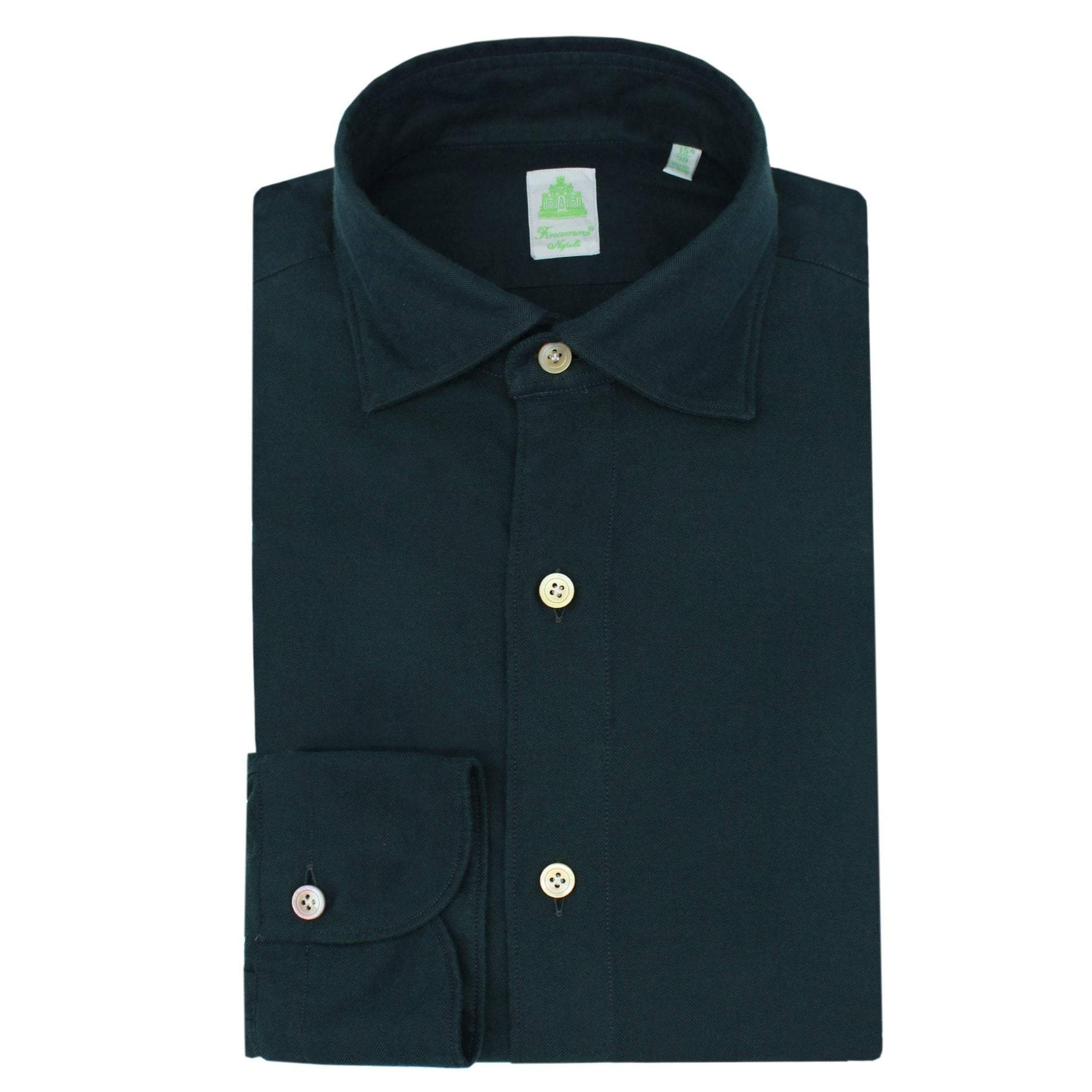 Tokyo slim fit sport shirt in dark green herringbone flannel