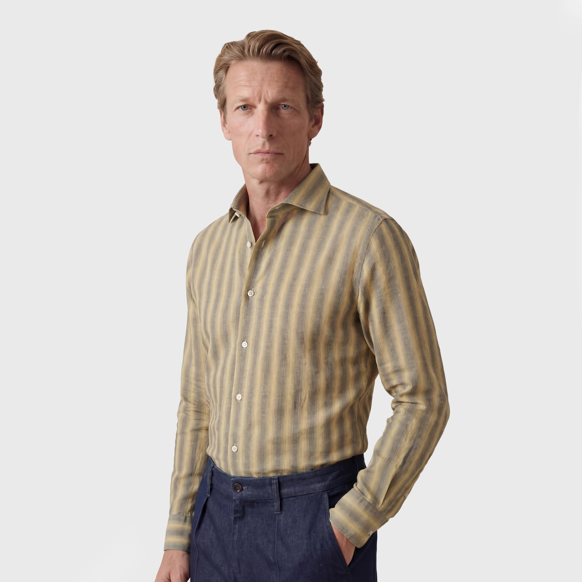Tokyo sport shirt slim fit cotton linen exclusive stripe garment dyed Luigi collar