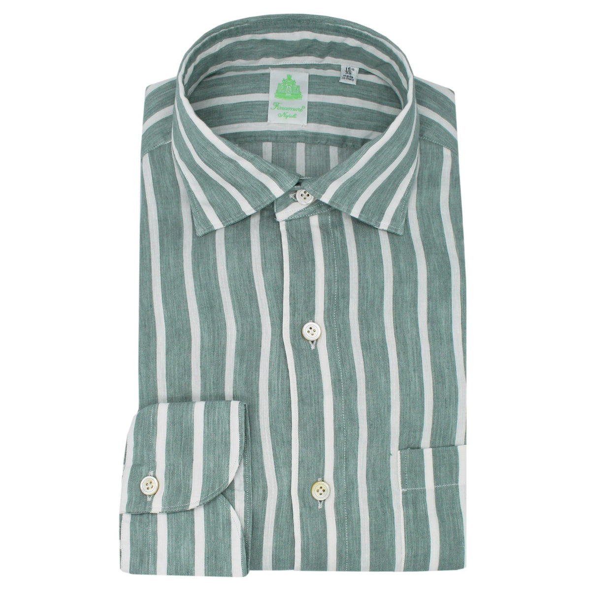 Tokyo slim shirt in linen and cly wide stripe forest green