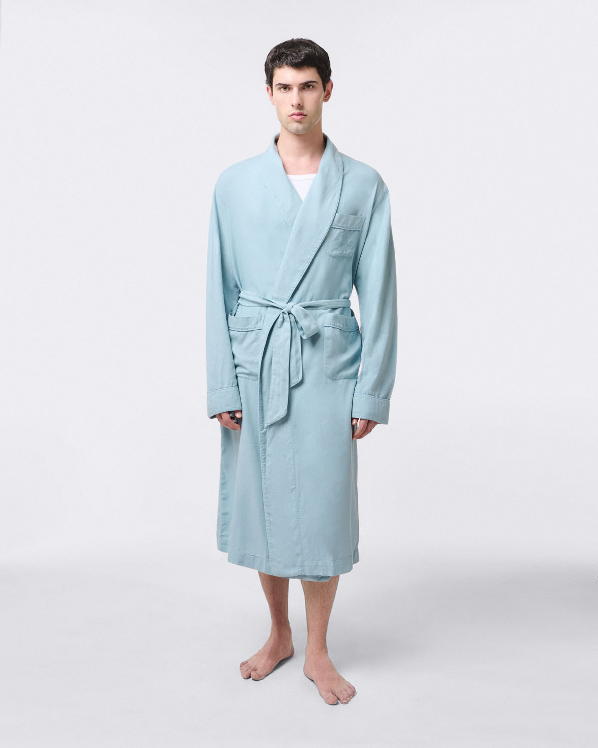 Tailored cotton and cashmere gown. Garment dyed, old effect