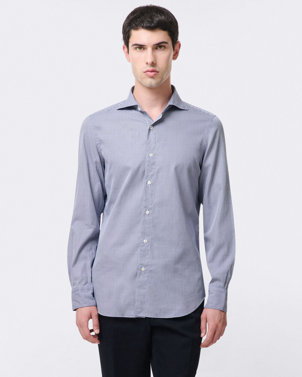 Tokyo slim fit sports shirt in checked blue cotton twill finamore