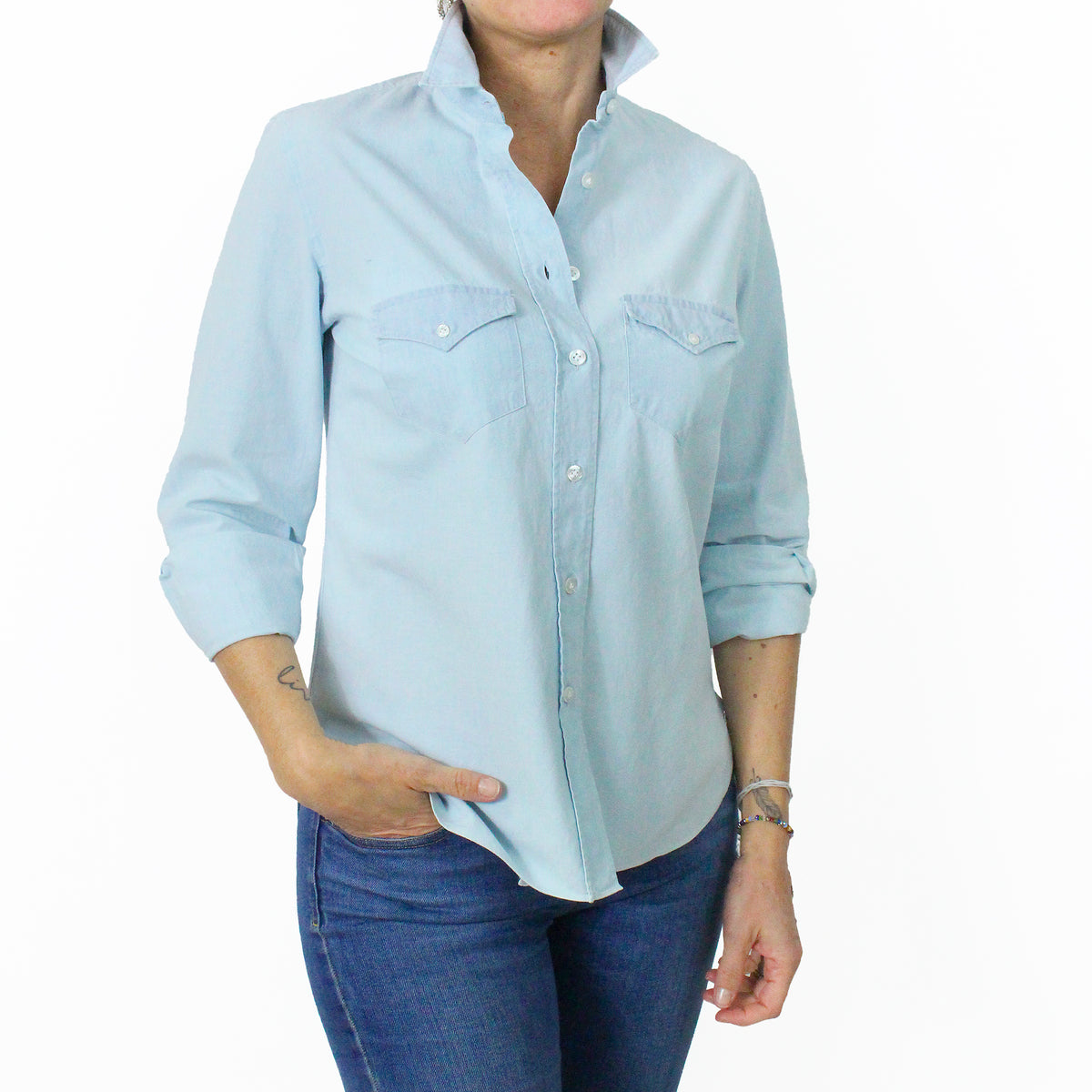 Women's slim fit cotton denim shirt with front pockets finamore