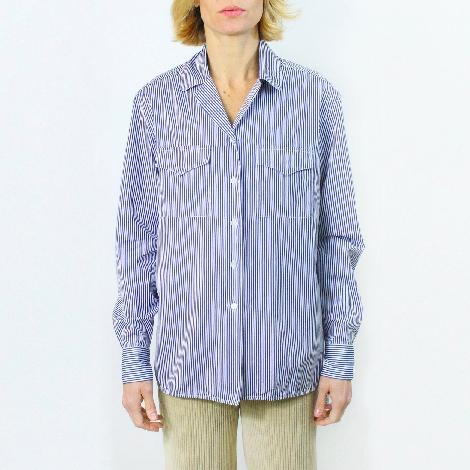 Women's shirt Antonia in blue striped cotton. Finamore 1925