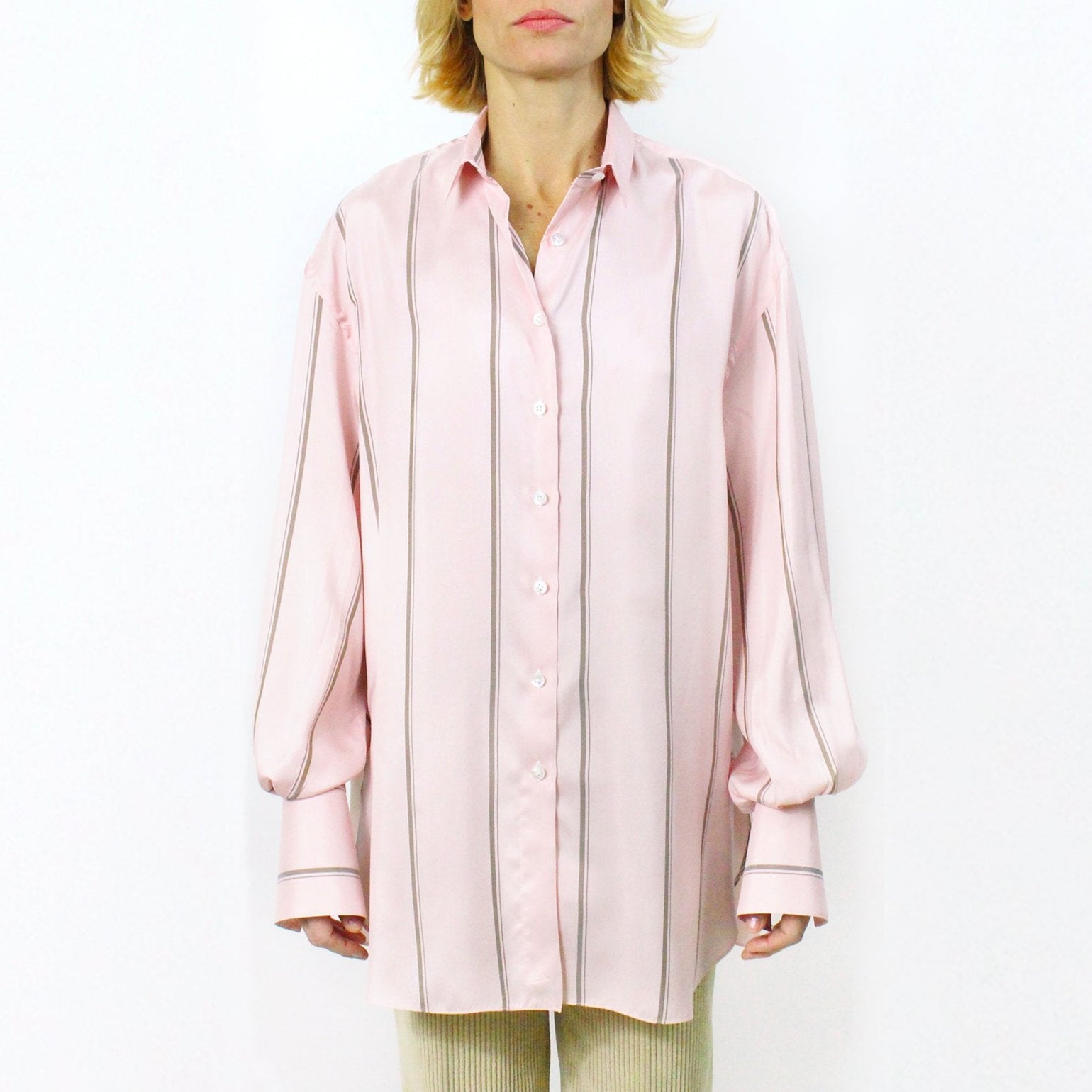 Women's silk over shirt pink striped brown bottom