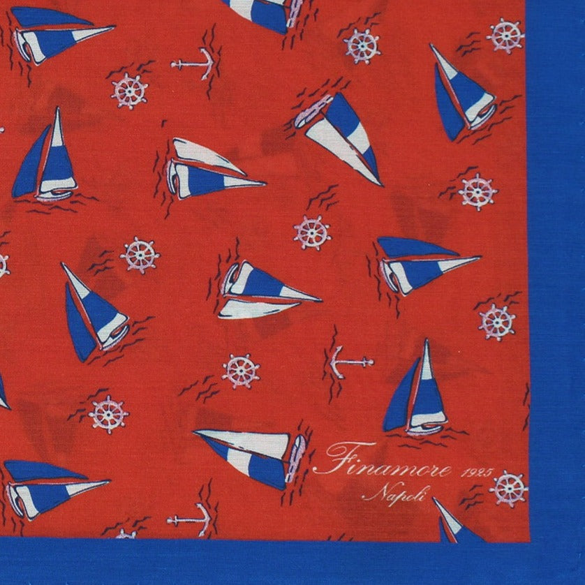 Red silk and cotton bandana with boat and sea theme