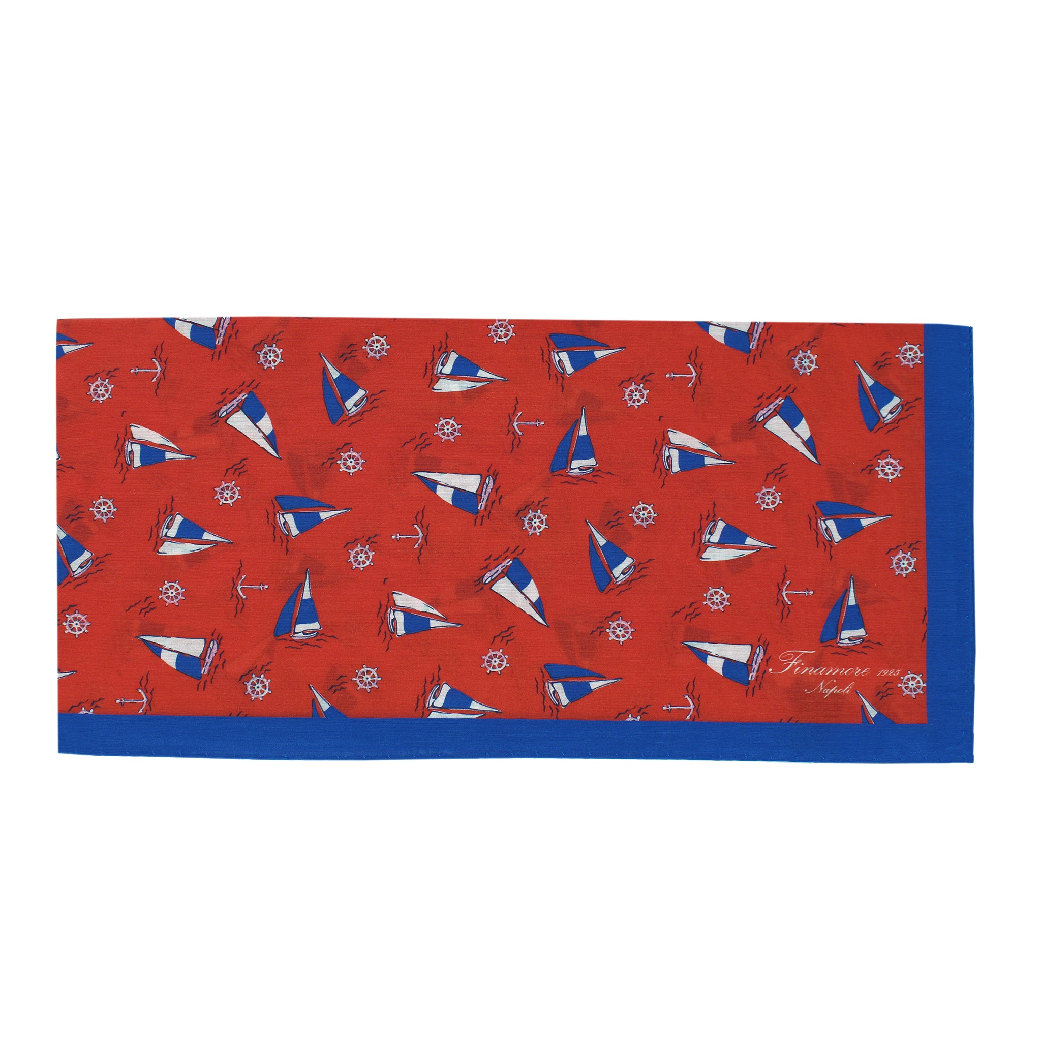 Bandana rossa in seta e cotone con tema barche e mare