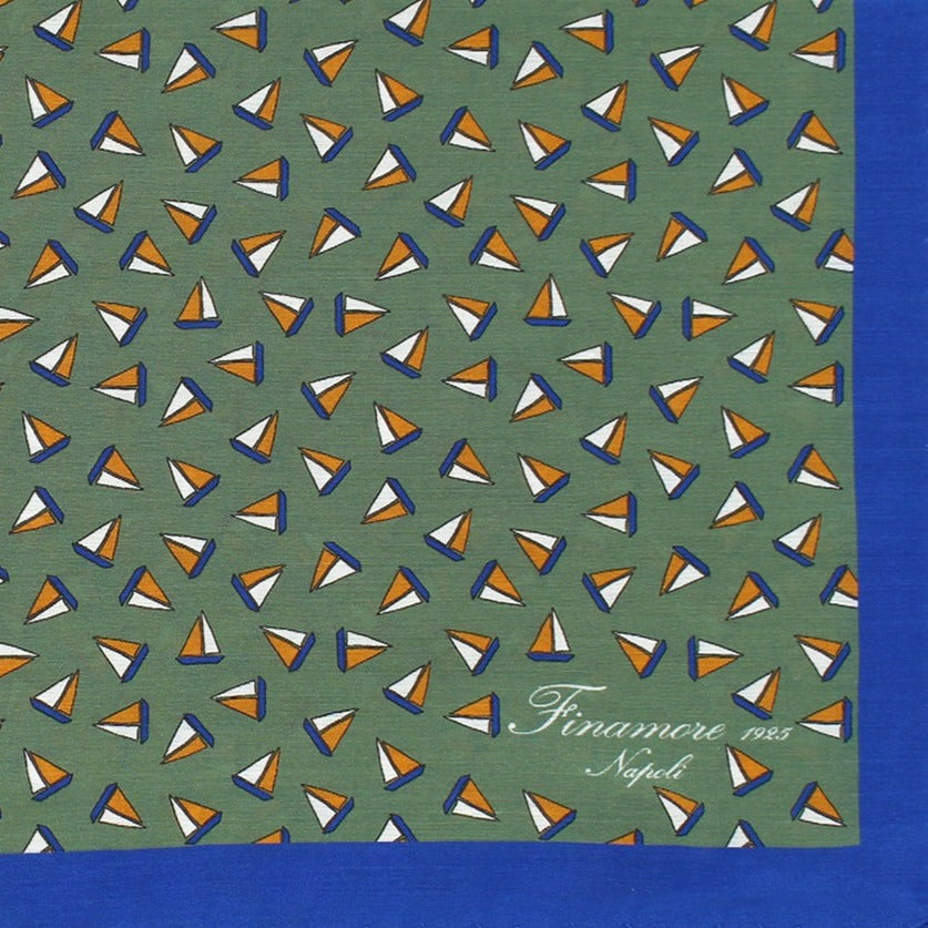 Green silk and cotton bandana with sailboat motif