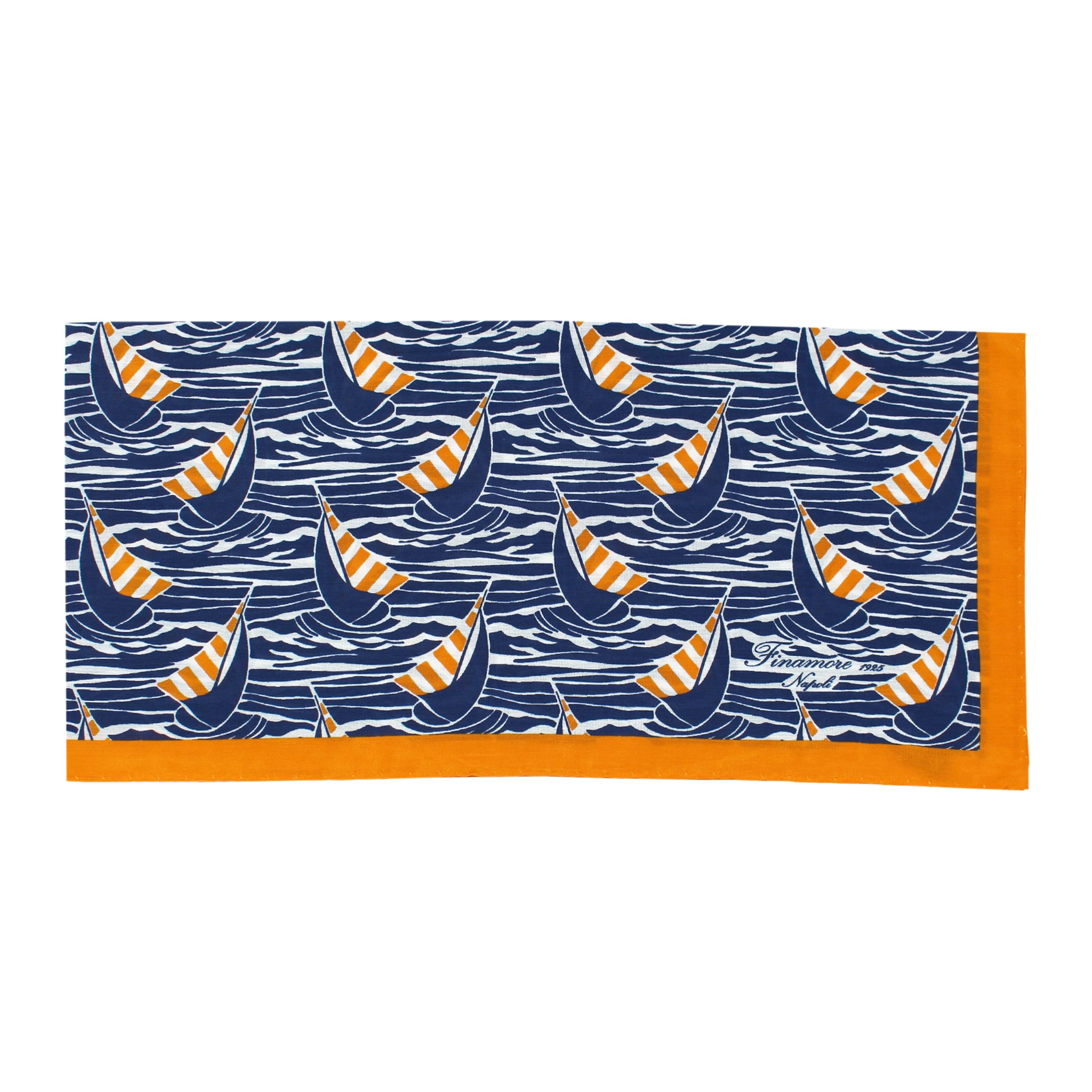 Bandana blu e arancione in seta e cotone con motivo barca a vela e onde