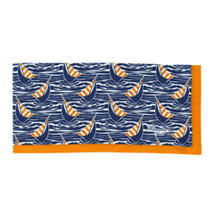 Blue and orange silk and cotton bandana with sailboat and waves motif