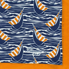 Blue and orange silk and cotton bandana with sailboat and waves motif