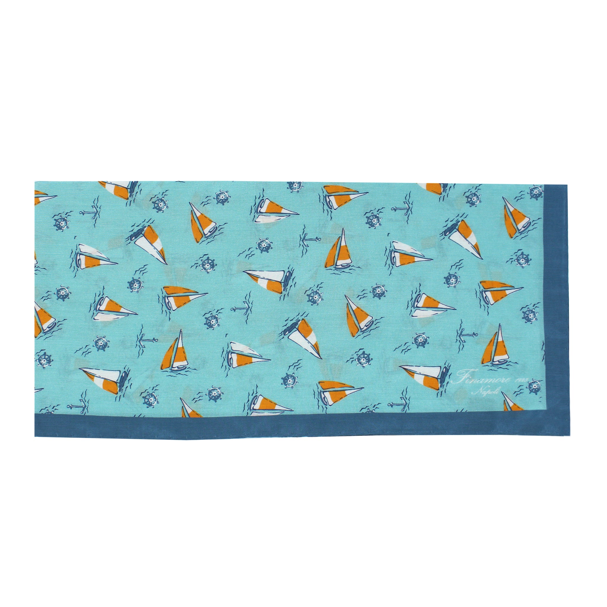 Bandana azzurra in seta e cotone con tema barca e mare