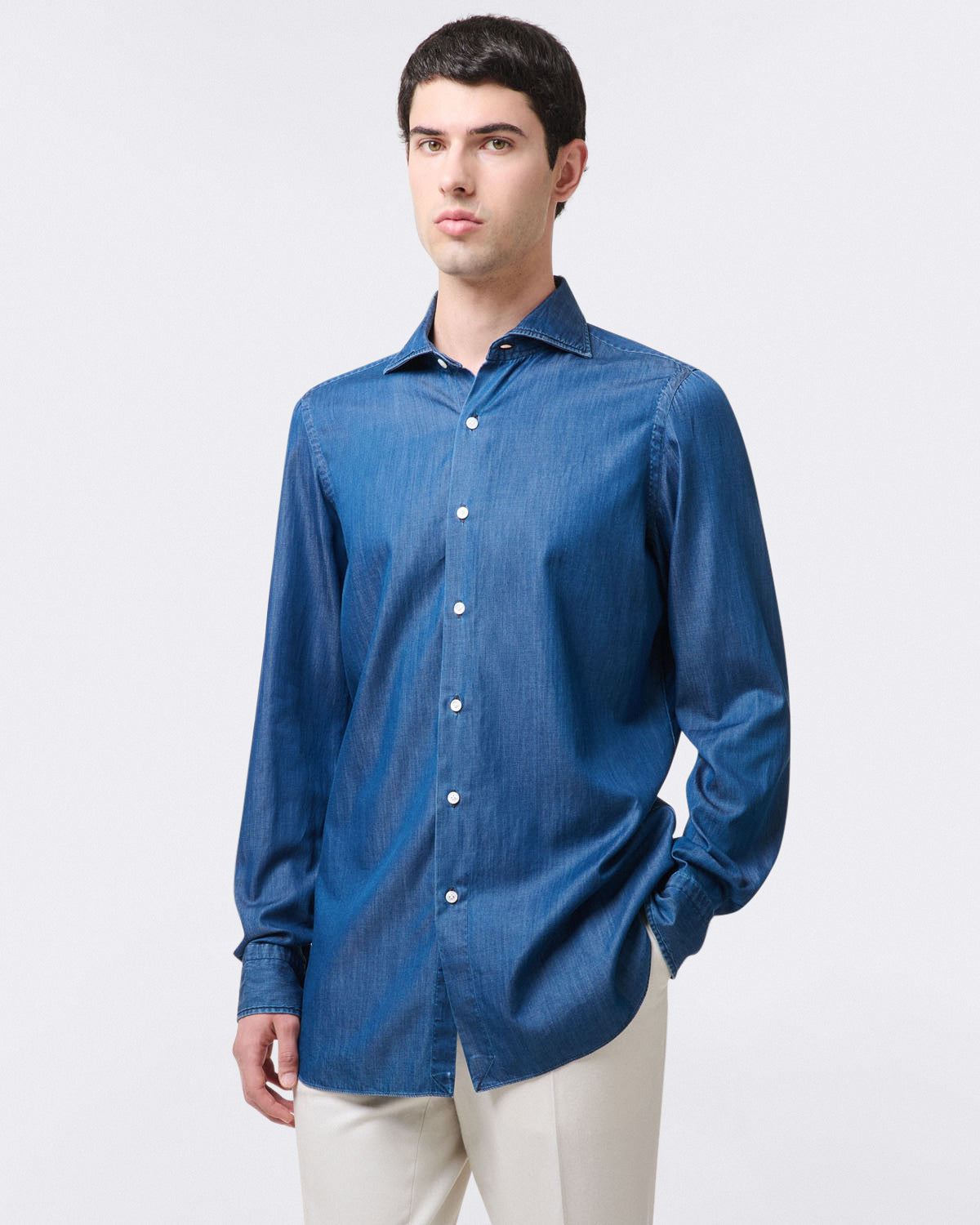 finamore Classic Napoli shirt in Giza 45 Bleach denim