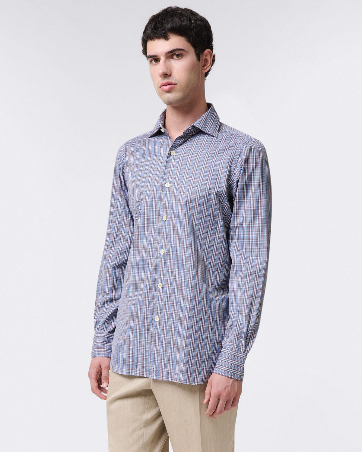 finamore Classic regular fit Napoli checked shirt. Cotton twill. Enzymed treatment