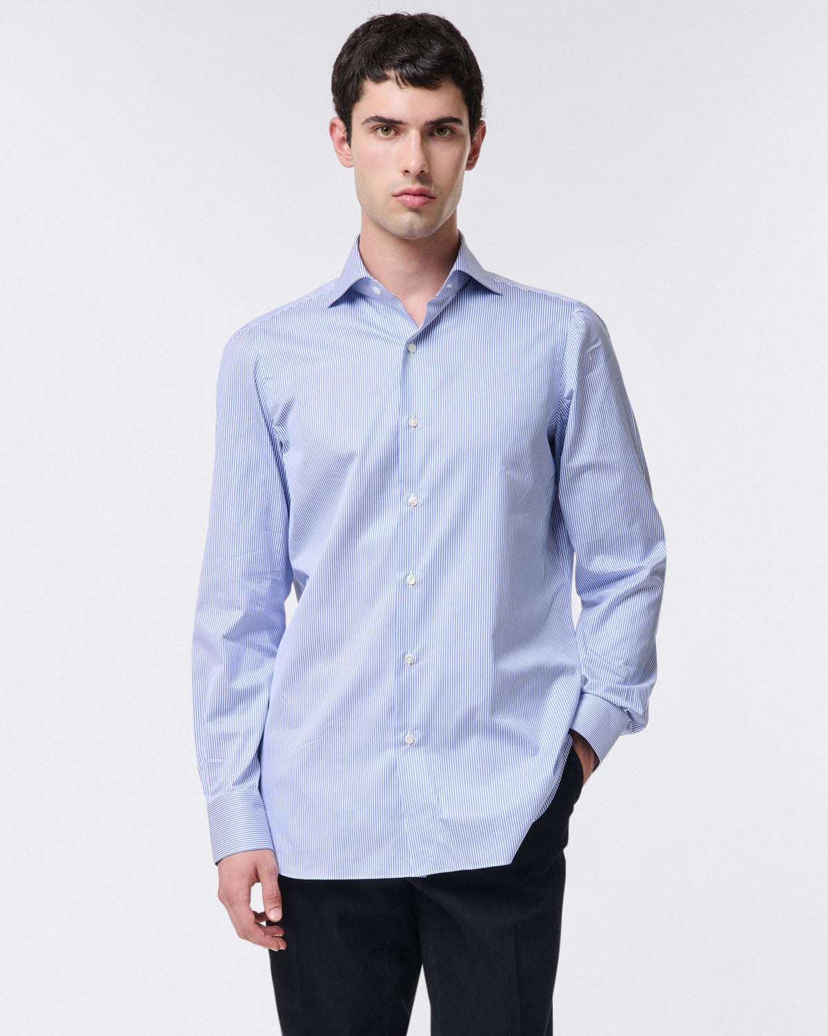 finamore Classic regular shirt Napoli in blue striped cotton twill 120/2