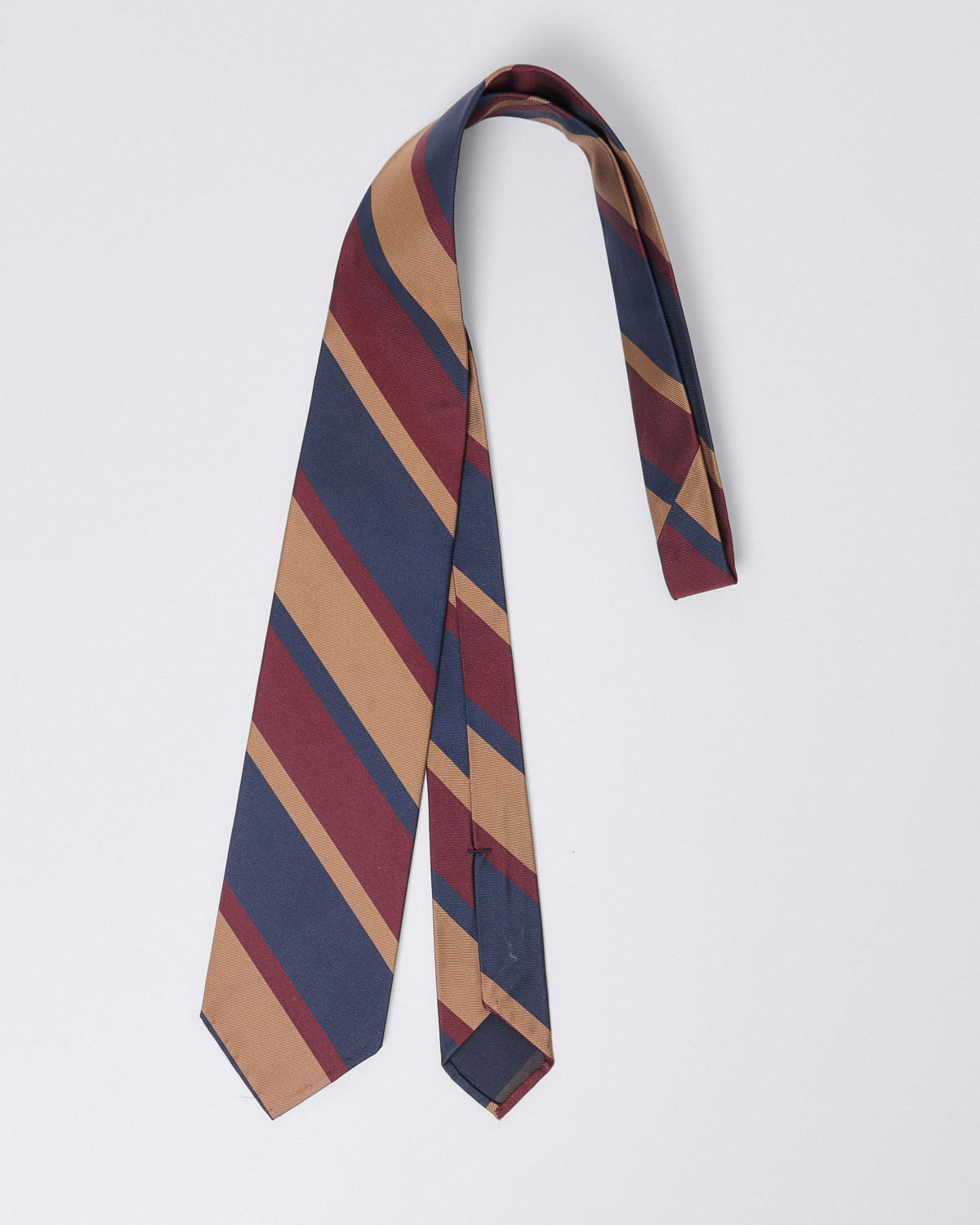 finamore Unlined silk regimental tie in shades of blue, burgundy, and sand