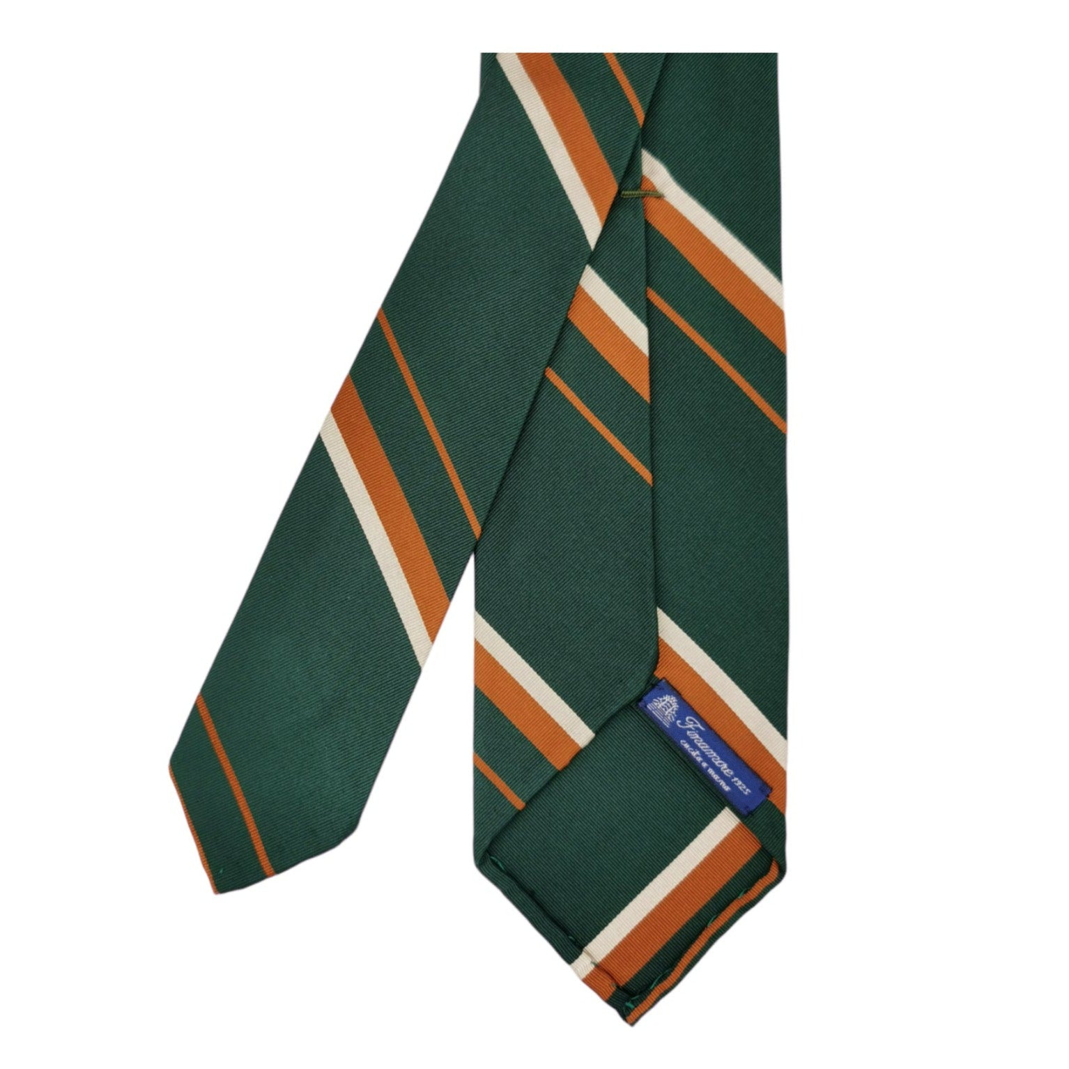 Cravatta Anversa regimental in seta e cotone, fondo verde con righe bianche e arancio