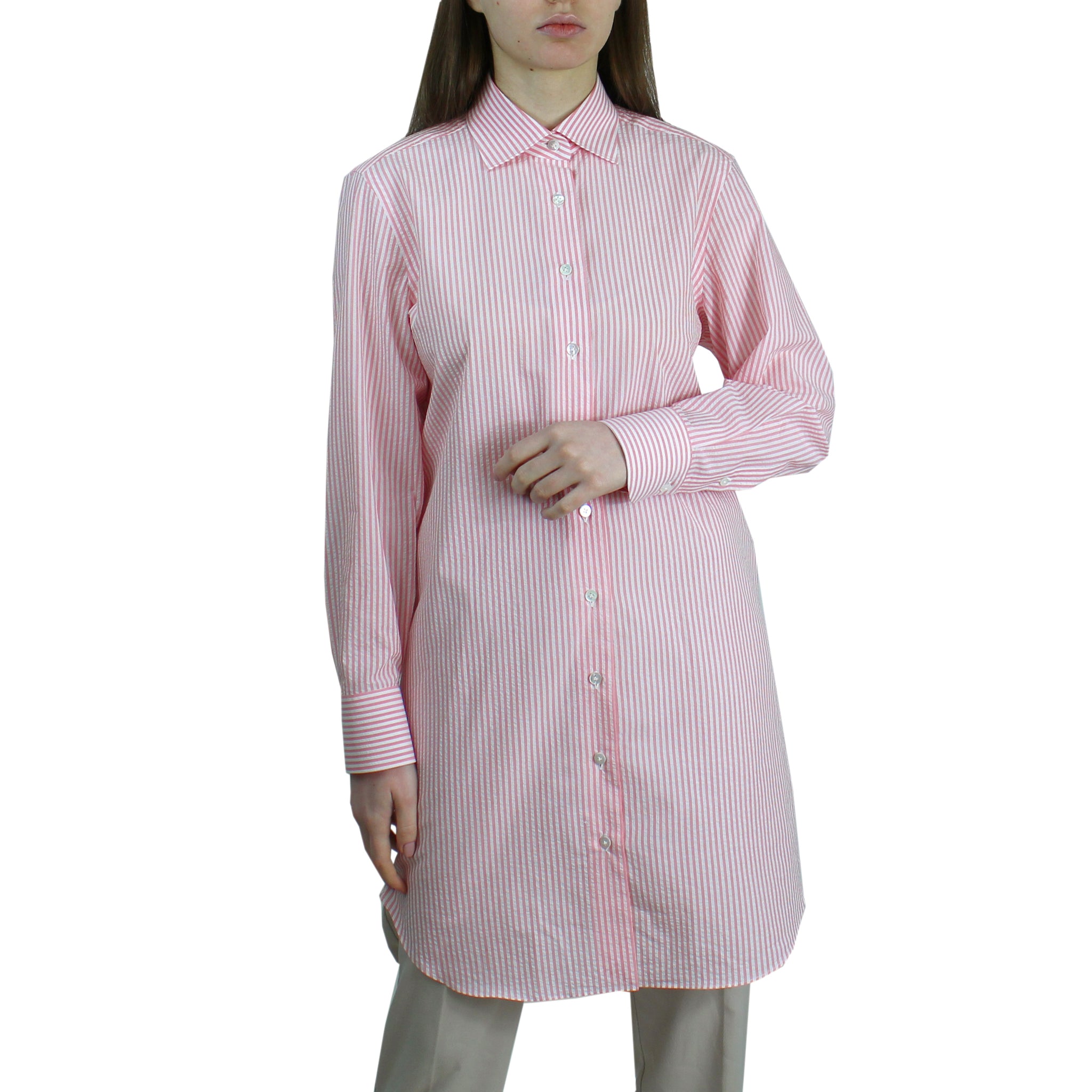 Camicia regular lunga da donna a righe rosa in cotone seersucker 