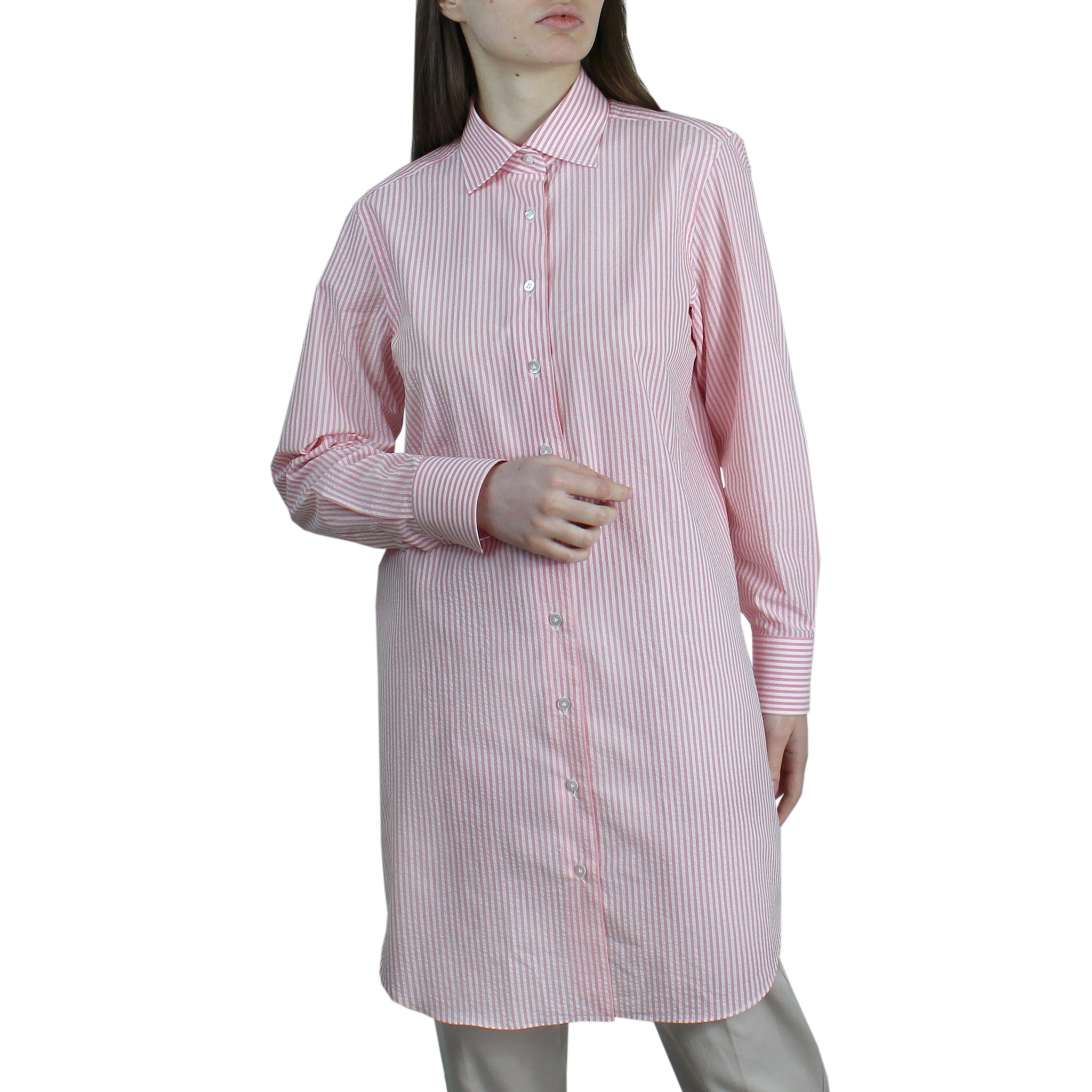 Women's regular long pink striped seersucker cotton shirt