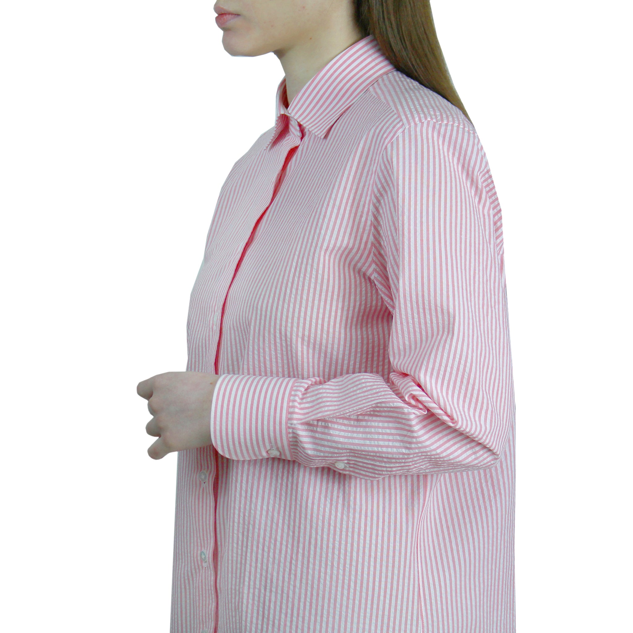 Camicia regular lunga da donna a righe rosa in cotone seersucker 