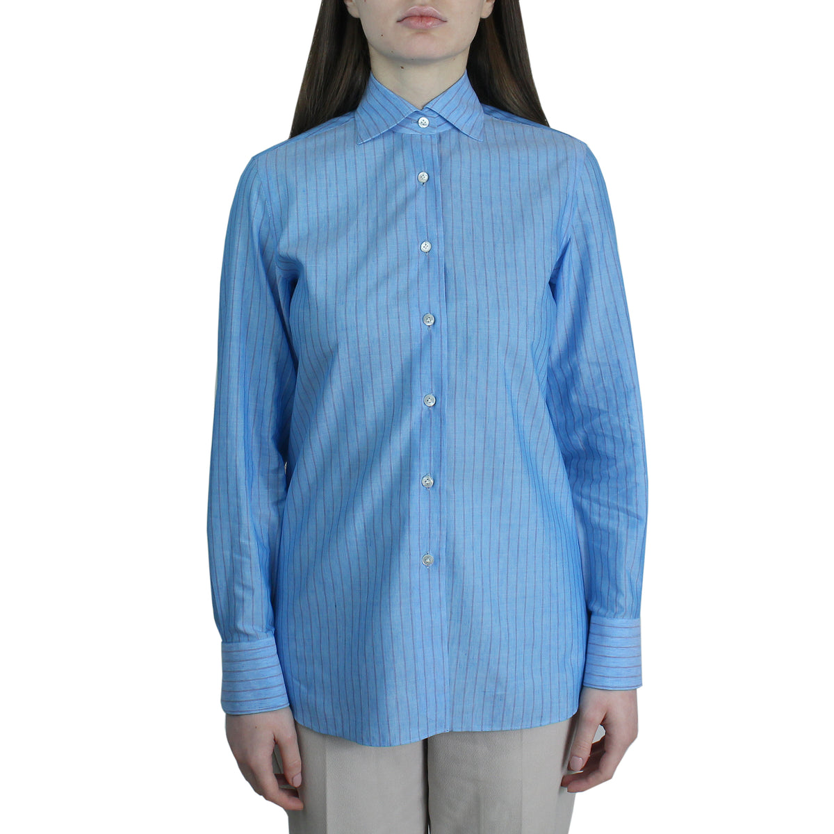 Women's regular fit turquoise shirt with purple stripes