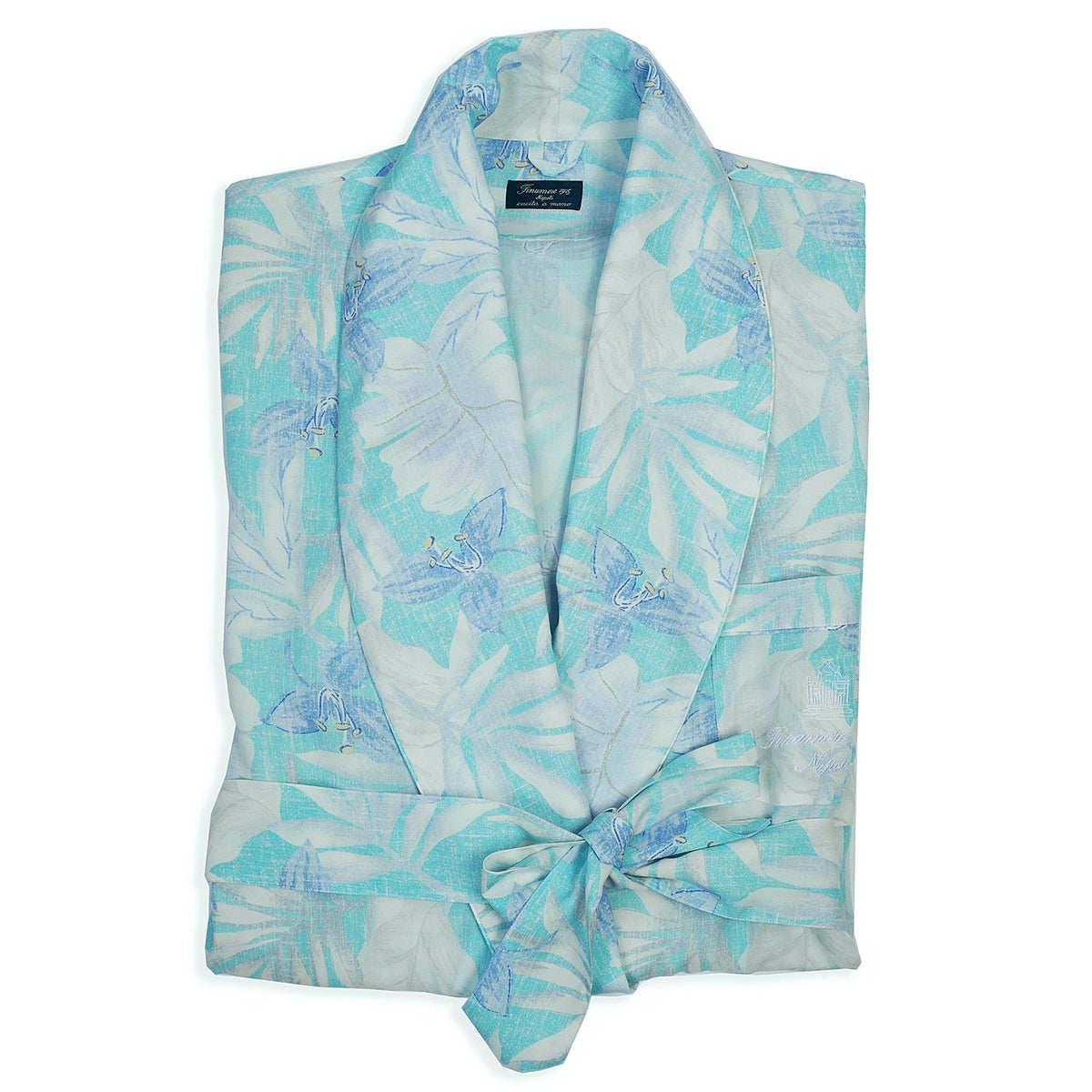 Light blue flower patterned hand-sewn dressing gown with pockets