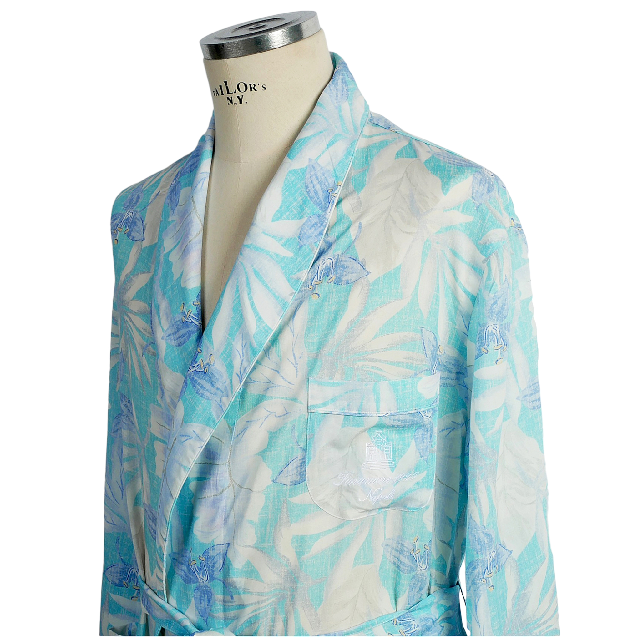 Light blue flower patterned hand-sewn dressing gown with pockets