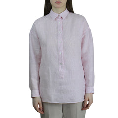 Women's polo-type shirt in pink linen and over fit