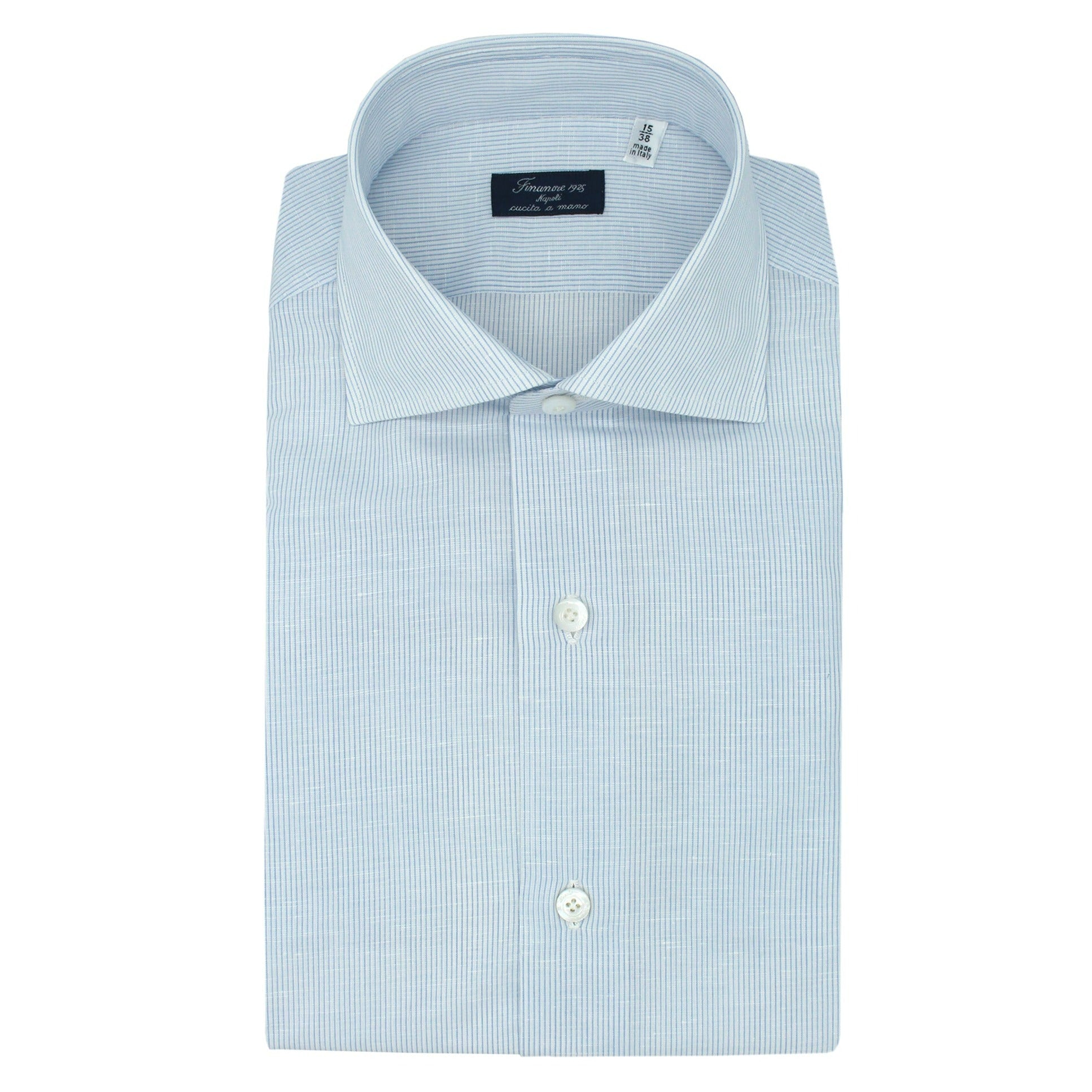 Naples regular fit light blue striped linen and cotton shirt