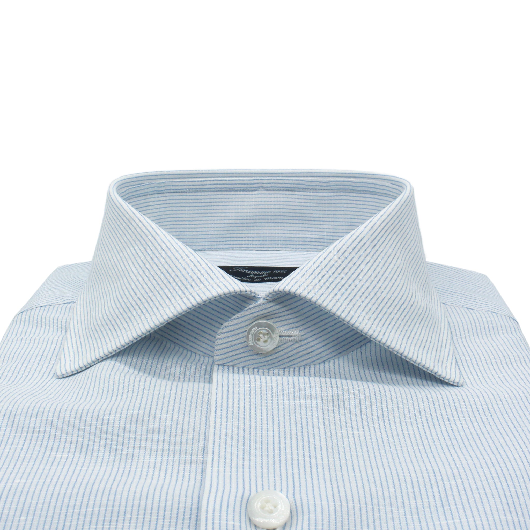 Camicia Napoli regular fit a righe azzurre in lino e cotone