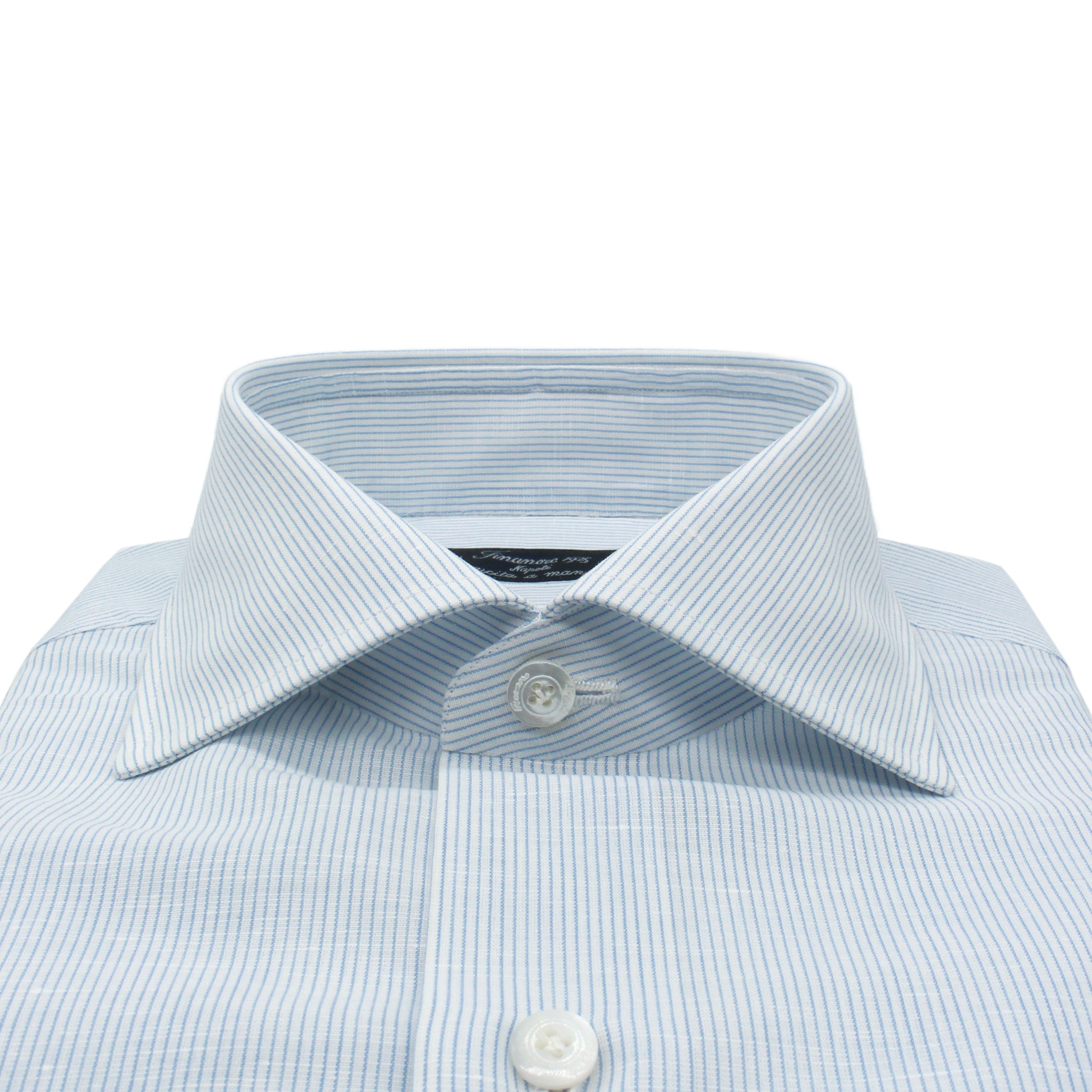 Naples regular fit light blue striped linen and cotton shirt