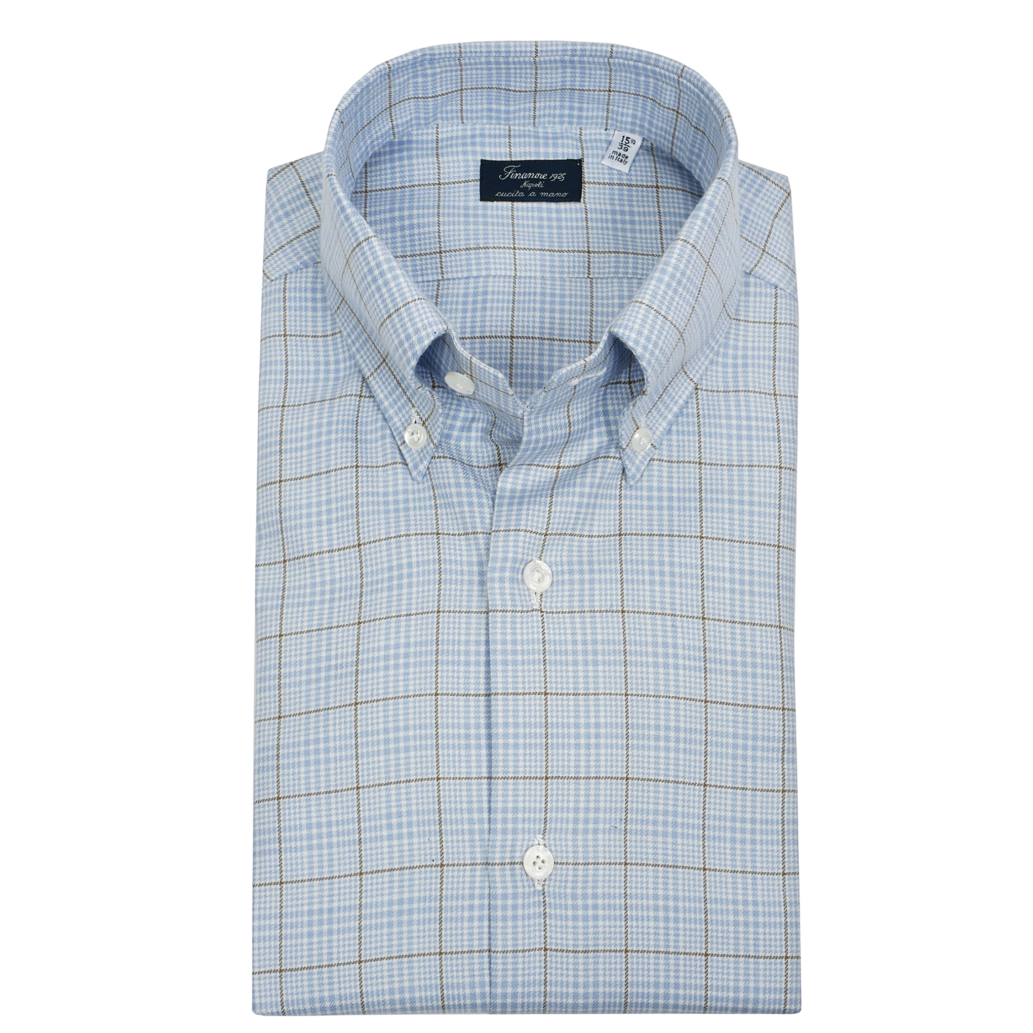 Regular fit shirt Napoli button down cotton cashmere light blue and beige Finamore 1925