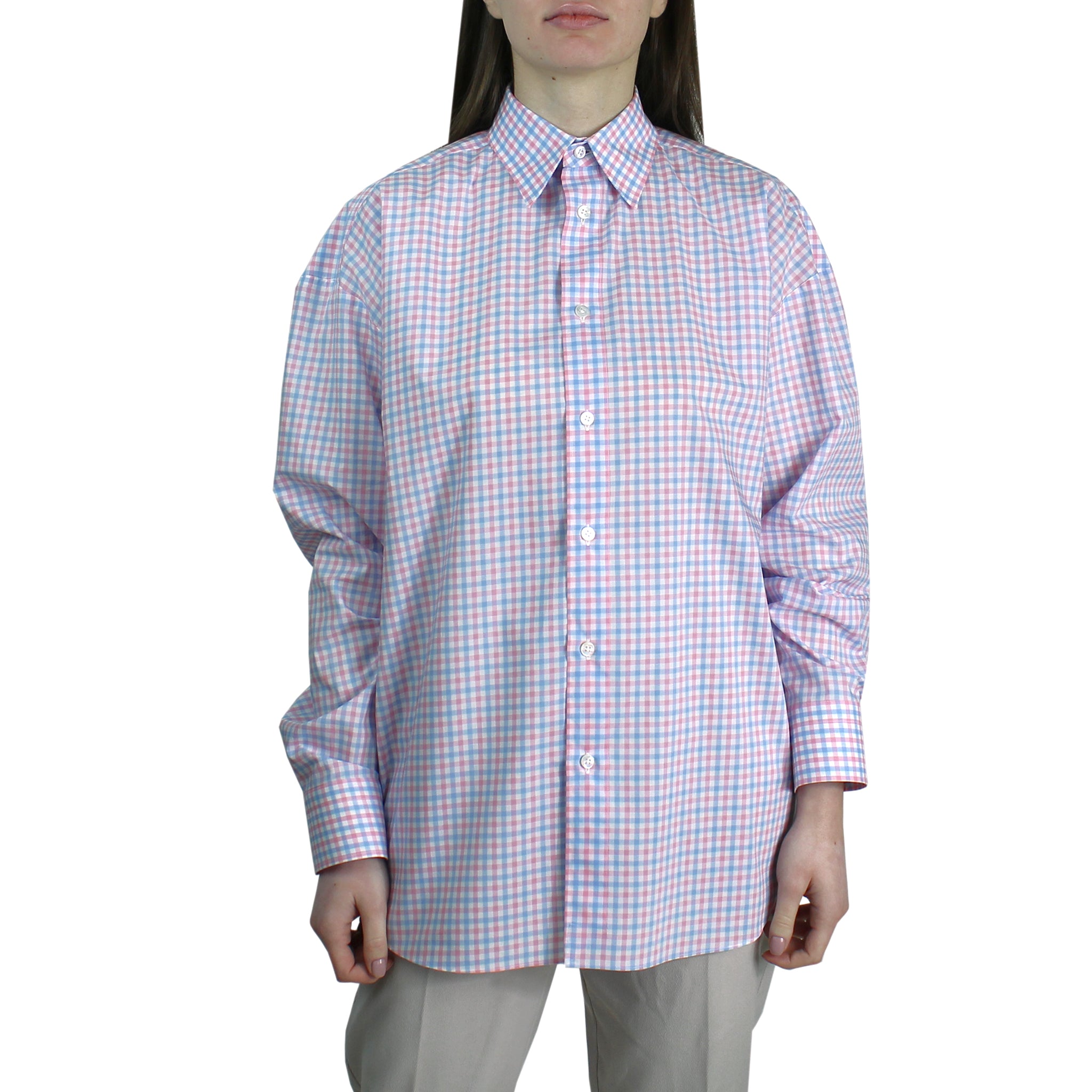 Women's over fit shirt in light blue and pink checked cotton