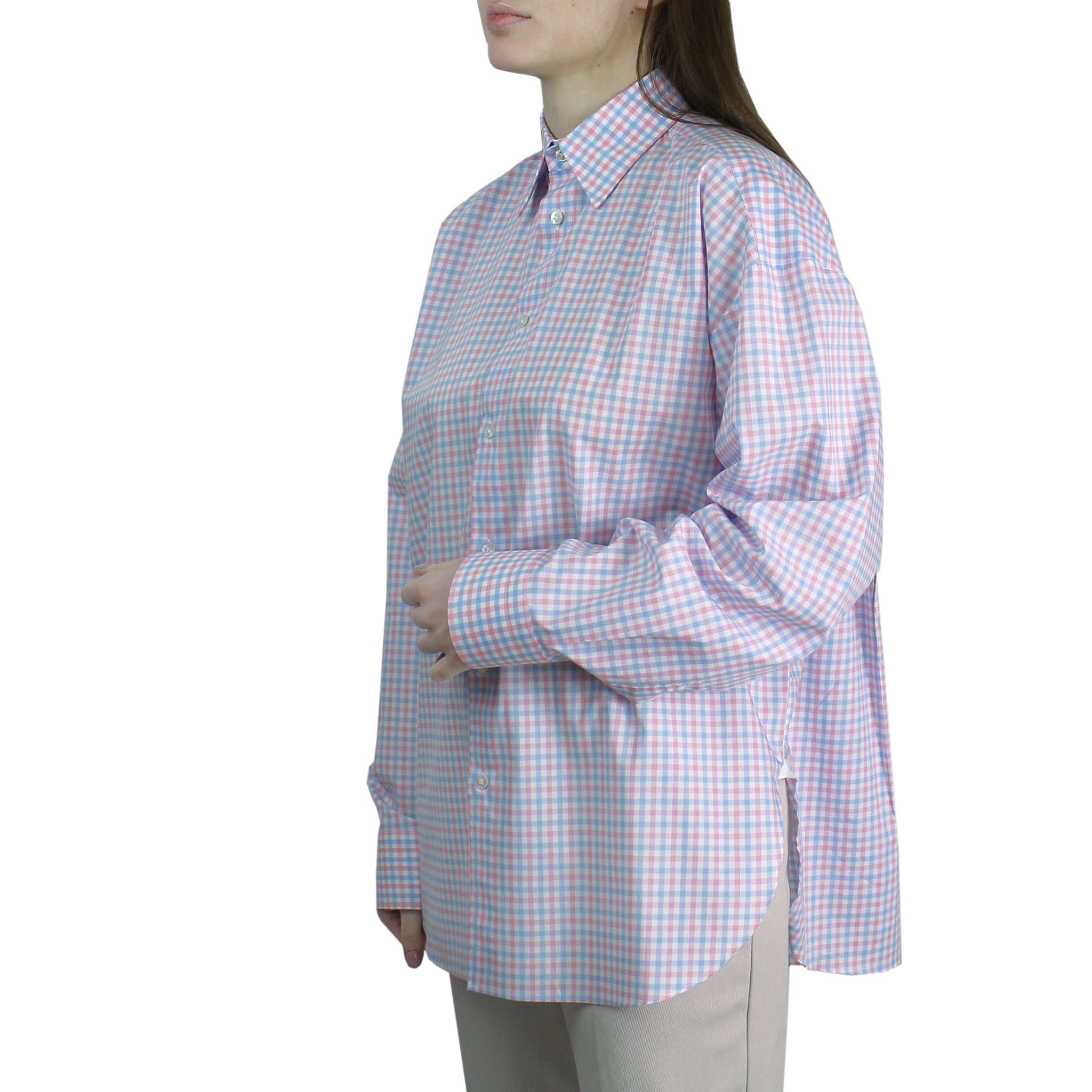 Women's over fit shirt in light blue and pink checked cotton