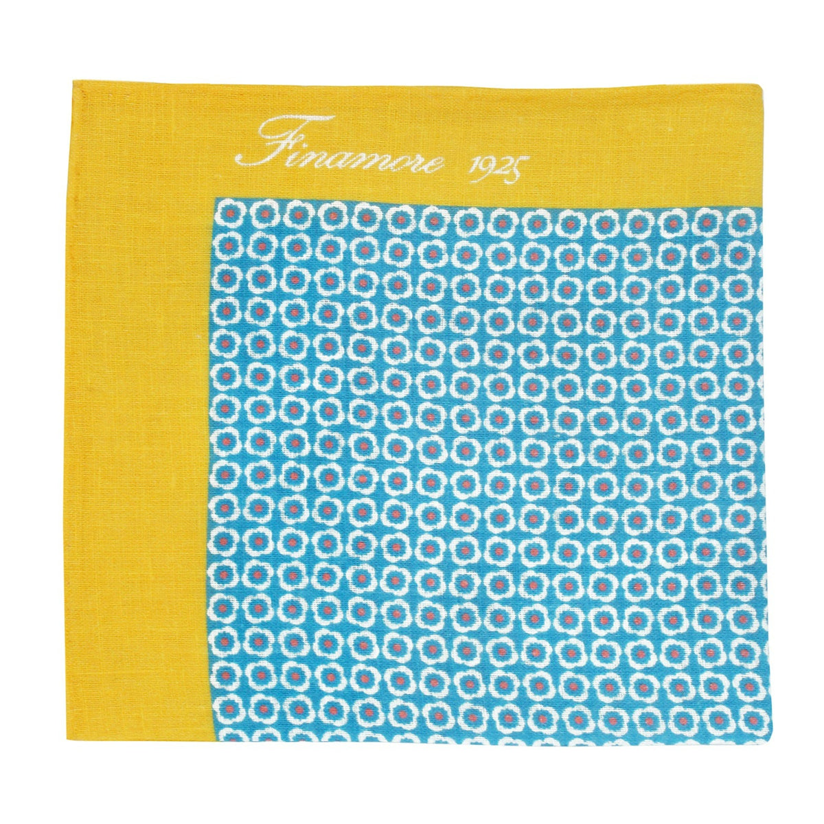 Linen pocket square light blue white flower background with yellow border