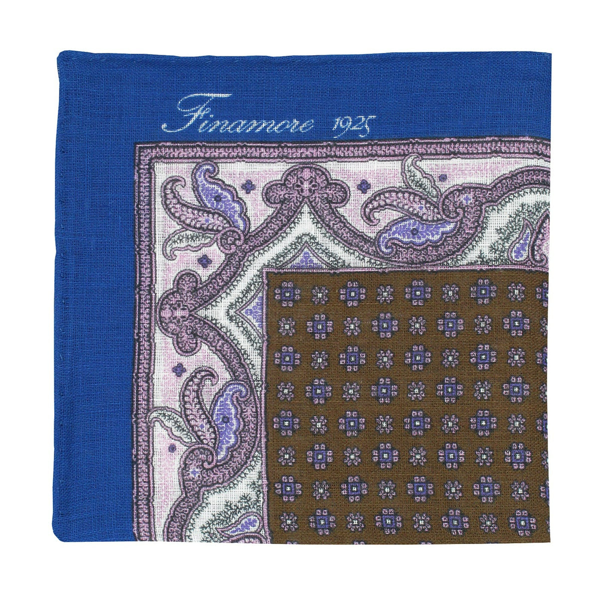 Linen pocket square with blue border and brown white background