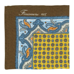 Linen pocket square with brown border and yellow light blue background