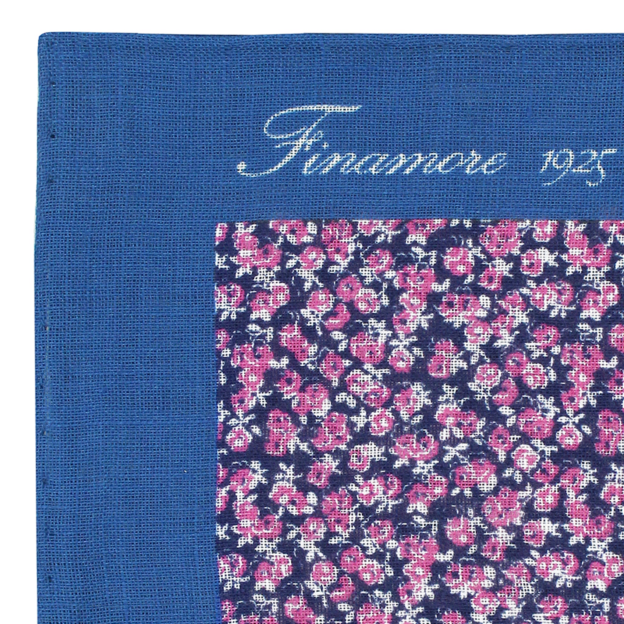 Pochette in lino sfondo fiore rosa e blu con bordo blu