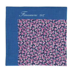 Linen pocket square blue pink flower background with blue border